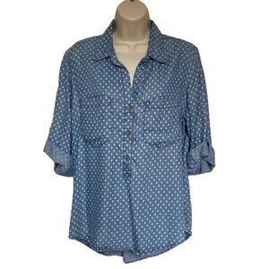 Velvet Heart Arrow Print Chambray Roll-Tab Sleeve Button Down Shirt Sz L